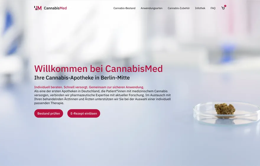 Screenshot der Website CannabisMed (Shop-Integration · Apotheken)