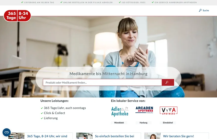Screenshot der Website medi365 (Bestellplattform · Apotheken)