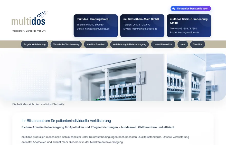 Screenshot der Website Multidos Blitzerzentren (Prozessdigitalisierung · Blisterzentren)